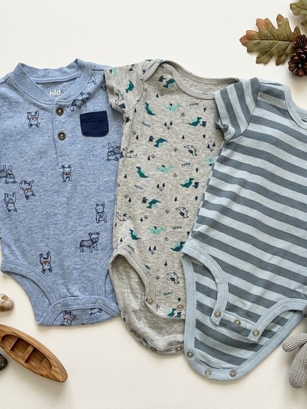 Carter's Baby Boy 3-6 Months Short-Sleeve Bodysuit Set – 3 Pack (Dino, Dog, & St